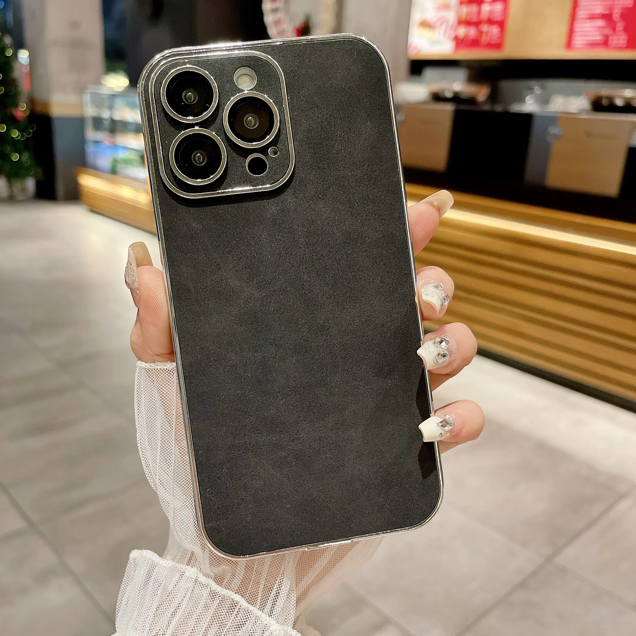 Luxury iPhone Case — Suede Leather Electroplated Ultra-Thin Cover with Soft Silicone Edges, Shockproof Non-Slip Design and Camera Lens Protection