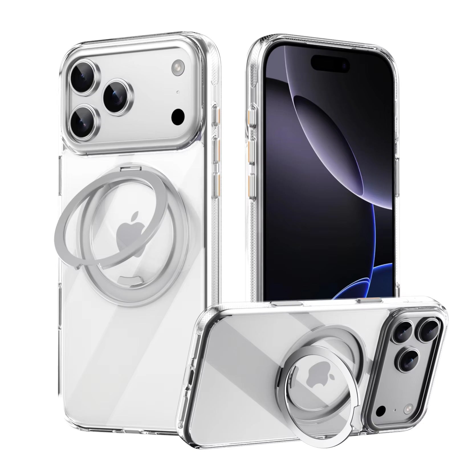 Luxury iPhone Case — Transparent MagSafe Magnetic Cover with 360° Rotating Ring Stand, Shockproof TPU+PC Protection and Kickstand Design