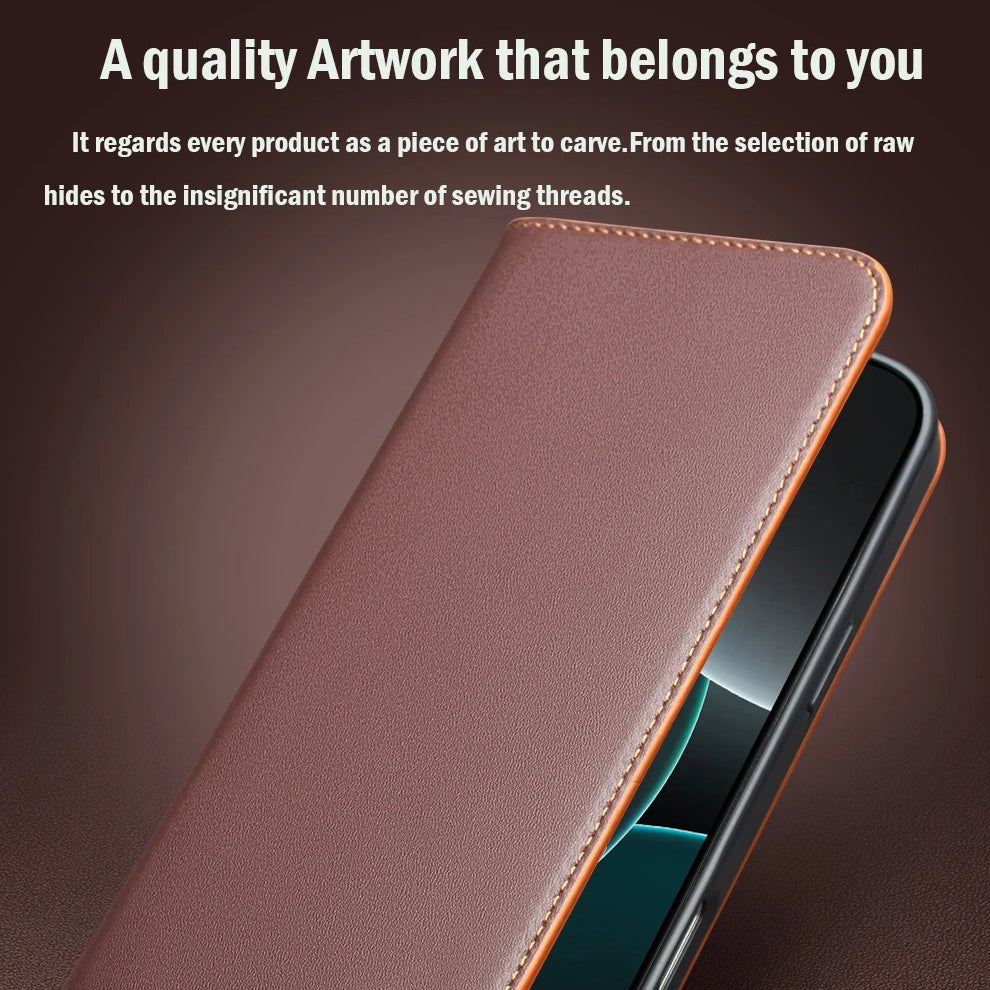 Luxury iPhone Case — Ultra-Slim Handmade Genuine Leather Wallet Flip Cover with Card Slots, Shockproof Drop Protection & Horizontal Stand Function