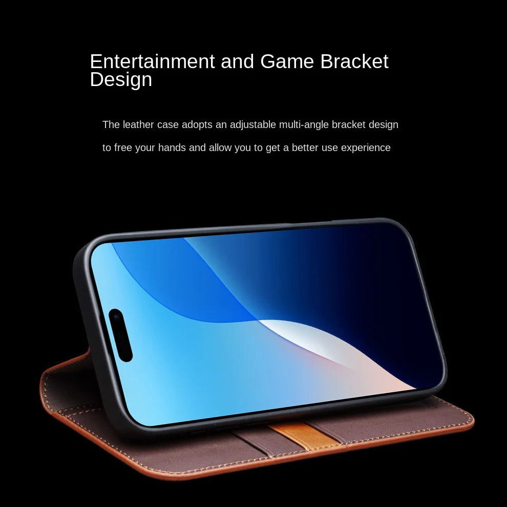 Luxury iPhone Case — Ultra-Slim Handmade Genuine Leather Wallet Flip Cover with Card Slots, Shockproof Drop Protection & Horizontal Stand Function