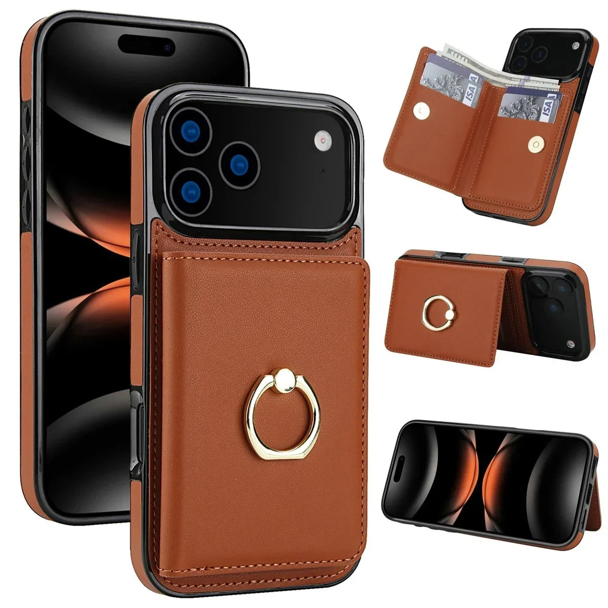 Luxury iPhone Case — Wallet Cover with Card Holder, 360° Rotating Ring Kickstand, Magnetic Clasp & Shockproof PU Leather Full-Coverage Design for iPhone 17 Pro Max and Air