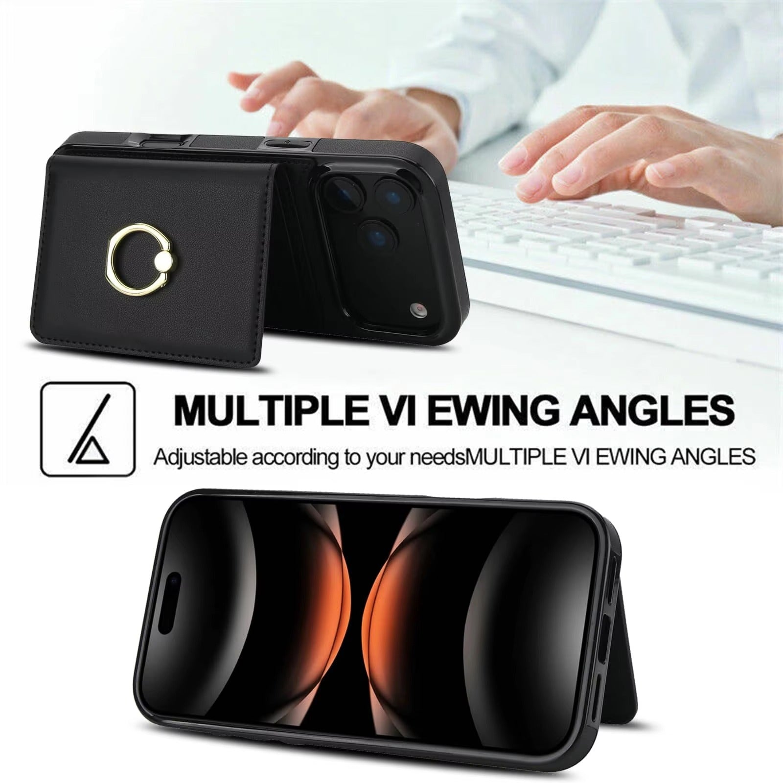 Luxury iPhone Case — Wallet Cover with Card Holder, 360° Rotating Ring Kickstand, Magnetic Clasp & Shockproof PU Leather Full-Coverage Design for iPhone 17 Pro Max and Air