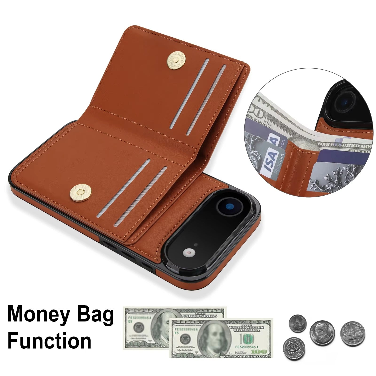 Luxury iPhone Case — Wallet Cover with Card Holder, 360° Rotating Ring Kickstand, Magnetic Clasp & Shockproof PU Leather Full-Coverage Design for iPhone 17 Pro Max and Air