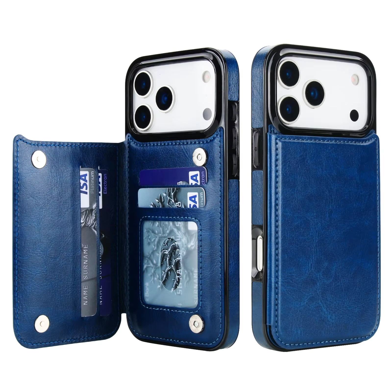 Luxury iPhone Case — Wallet Cover with Card Holder, Faux Leather Kickstand, Double Magnetic Clasp, Durable Shockproof Soft Case, Plain Design