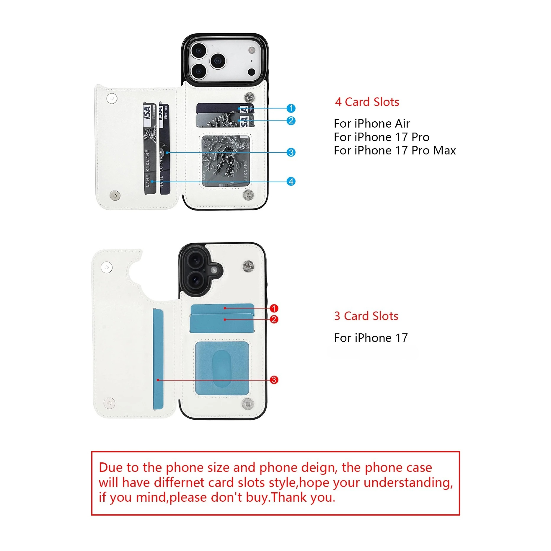 Luxury iPhone Case — Wallet Cover with Card Holder, Faux Leather Kickstand, Double Magnetic Clasp, Durable Shockproof Soft Case, Plain Design