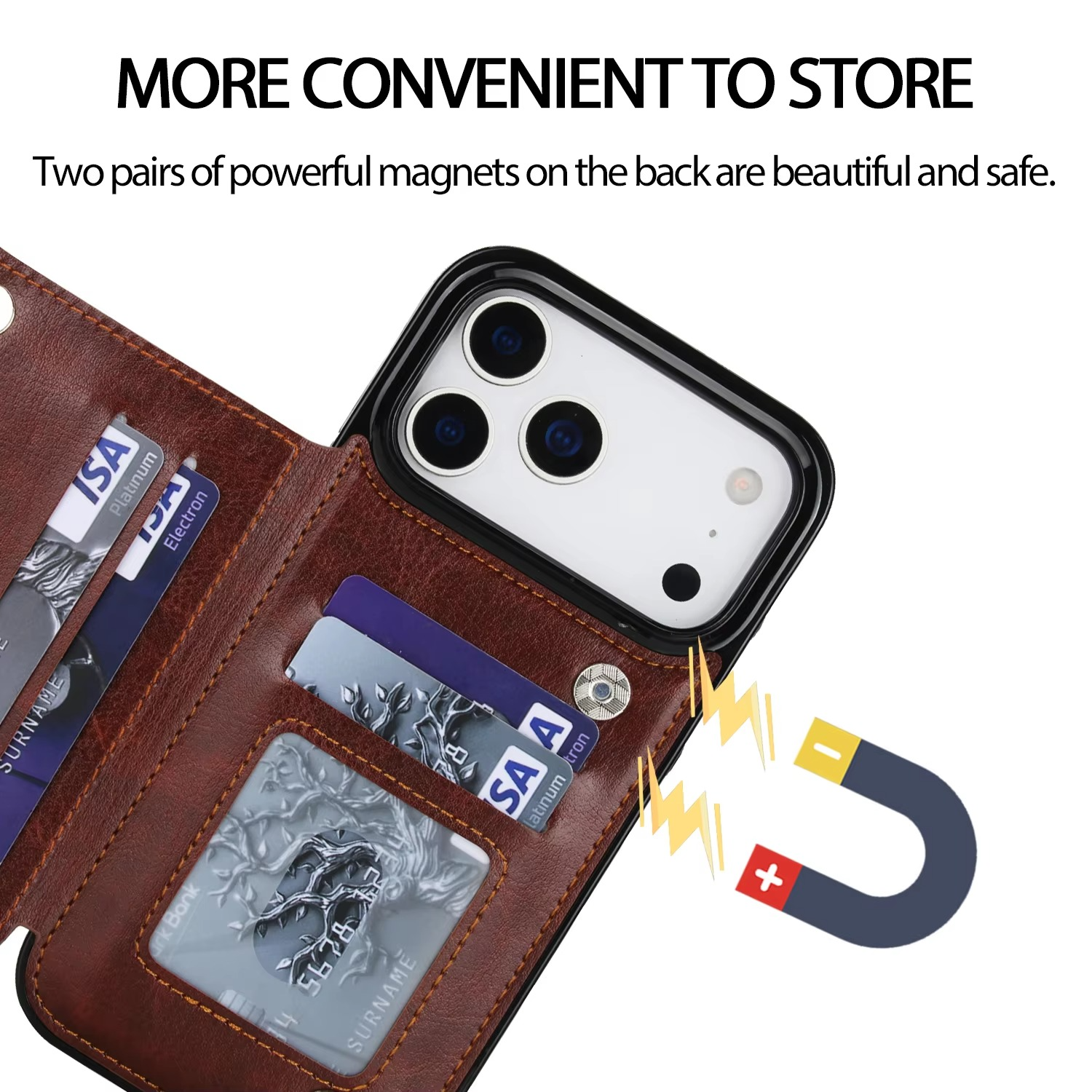 Luxury iPhone Case — Wallet Cover with Card Holder, Faux Leather Kickstand, Double Magnetic Clasp, Durable Shockproof Soft Case, Plain Design