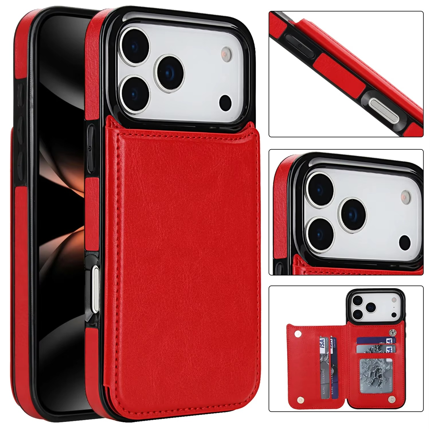 Luxury iPhone Case — Wallet Cover with Card Holder, Faux Leather Kickstand, Double Magnetic Clasp, Durable Shockproof Soft Case, Plain Design