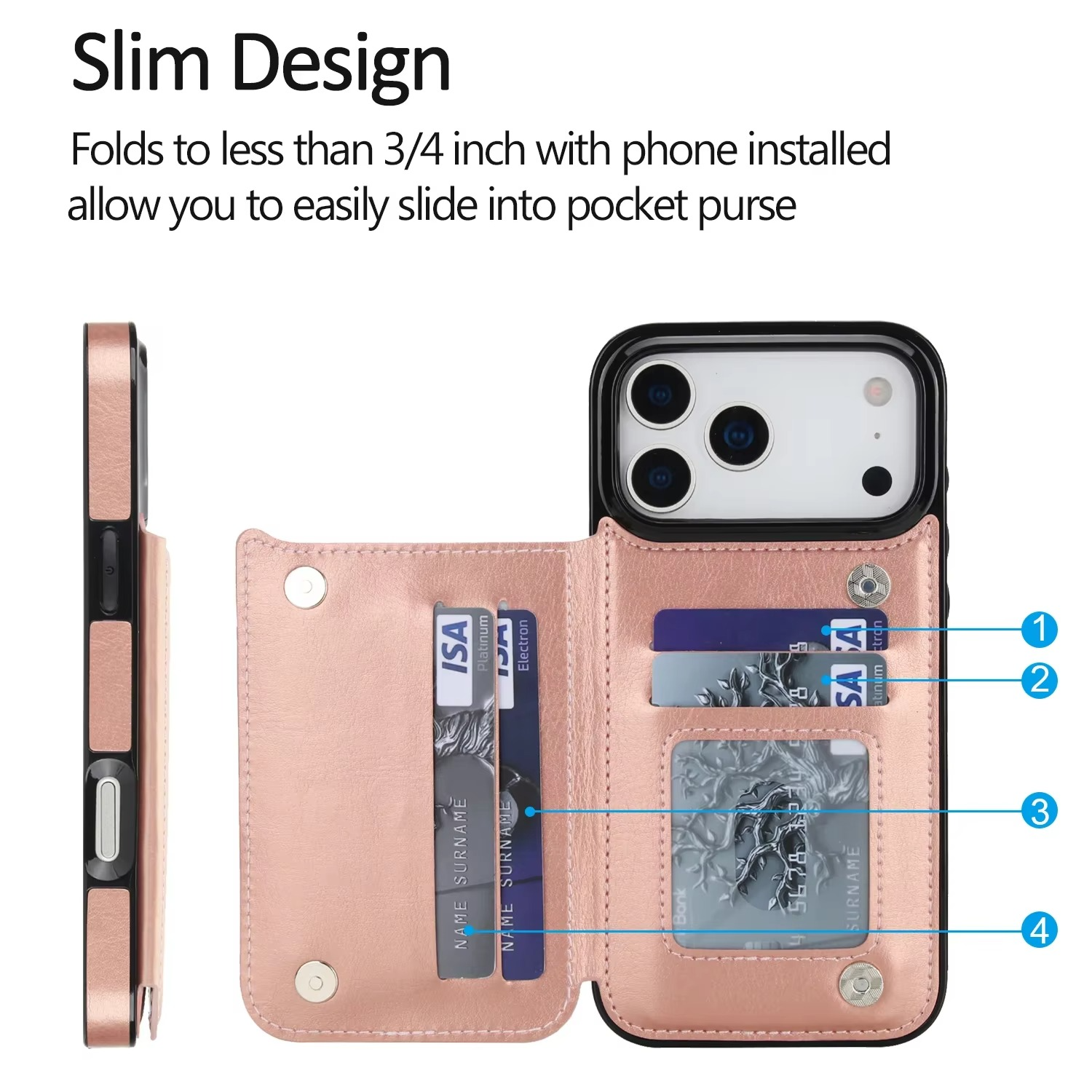 Luxury iPhone Case — Wallet Cover with Card Holder, Faux Leather Kickstand, Double Magnetic Clasp, Durable Shockproof Soft Case, Plain Design