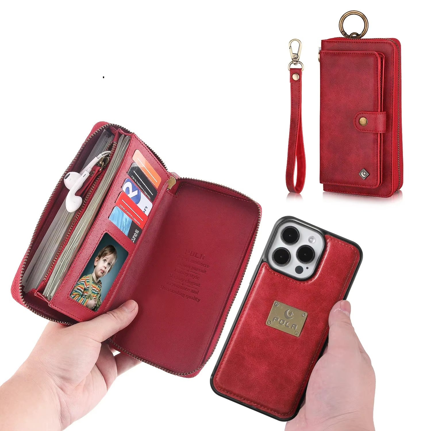 Luxury iPhone Case — Zipper Leather Wallet Cover with Card Slots, Ring Holder and Wristband Purse Design