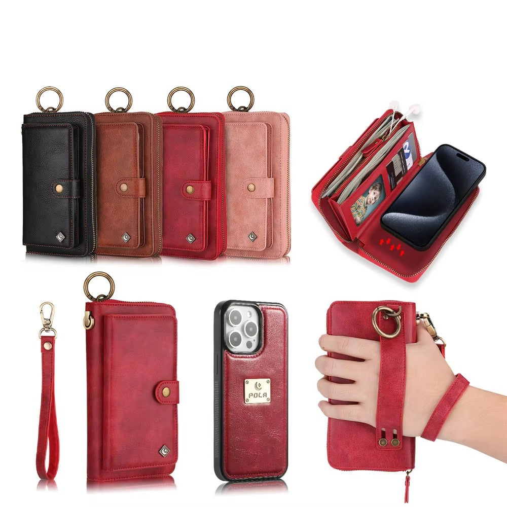 Luxury iPhone Case — Zipper Leather Wallet Cover with Card Slots, Ring Holder and Wristband Purse Design