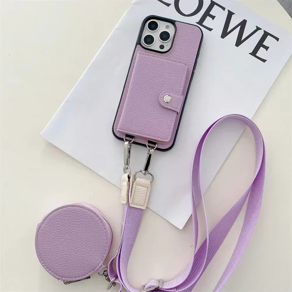 Luxury iPhone Crossbody Wallet Case with Card Slots — PU Leather Cover, Zipper Coin Purse, Long Lanyard Strap, Shockproof Drop Protection, Full Access Design