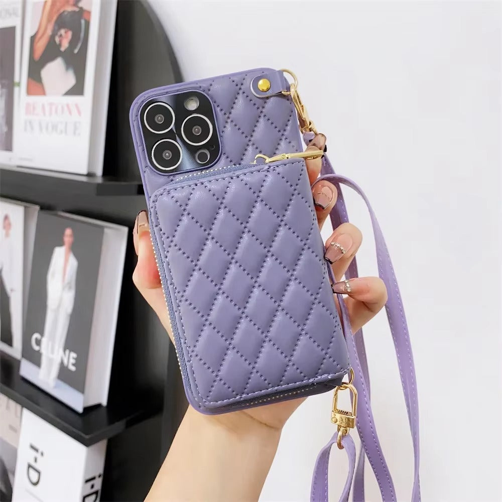 Luxury iPhone Crossbody Wallet Case with Card Slots — PU Leather Cover, Zipper Purse Design, Lanyard Strap, Kickstand Function, Dual Layer Full Protection