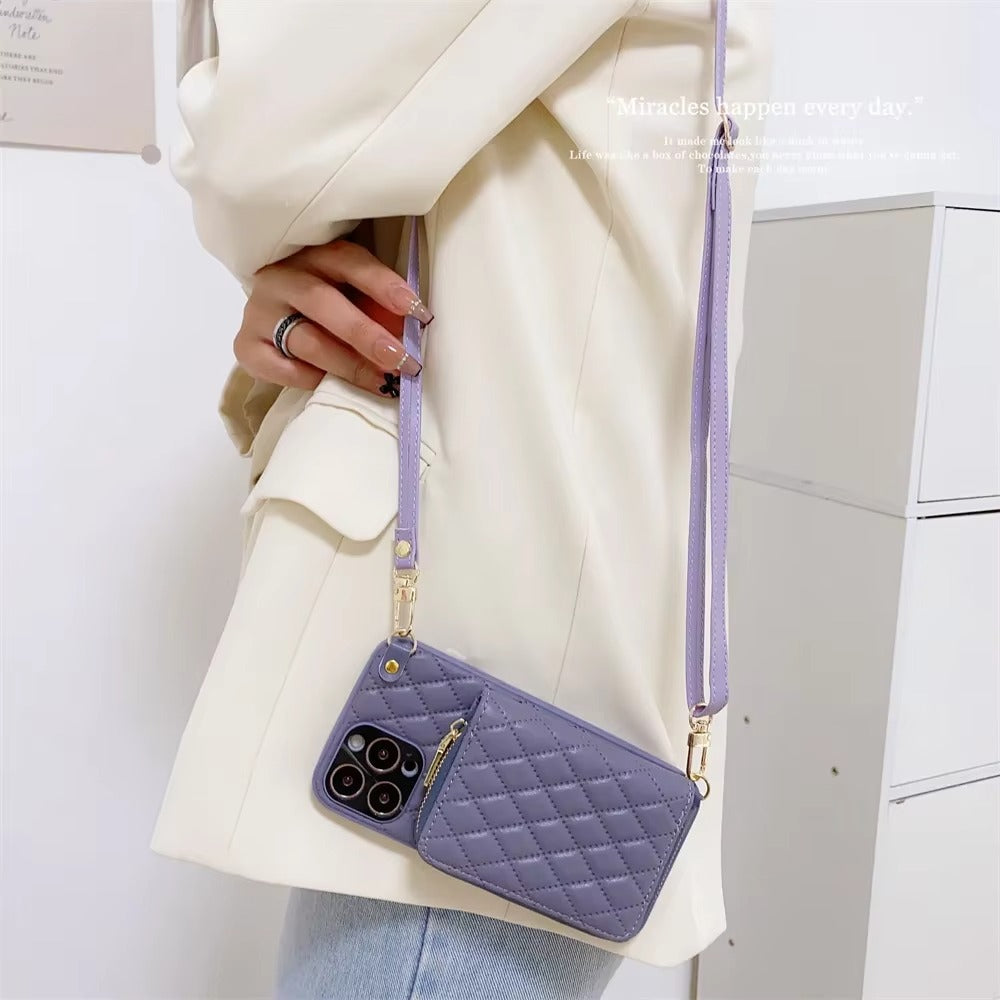 Luxury iPhone Crossbody Wallet Case with Card Slots — PU Leather Cover, Zipper Purse Design, Lanyard Strap, Kickstand Function, Dual Layer Full Protection