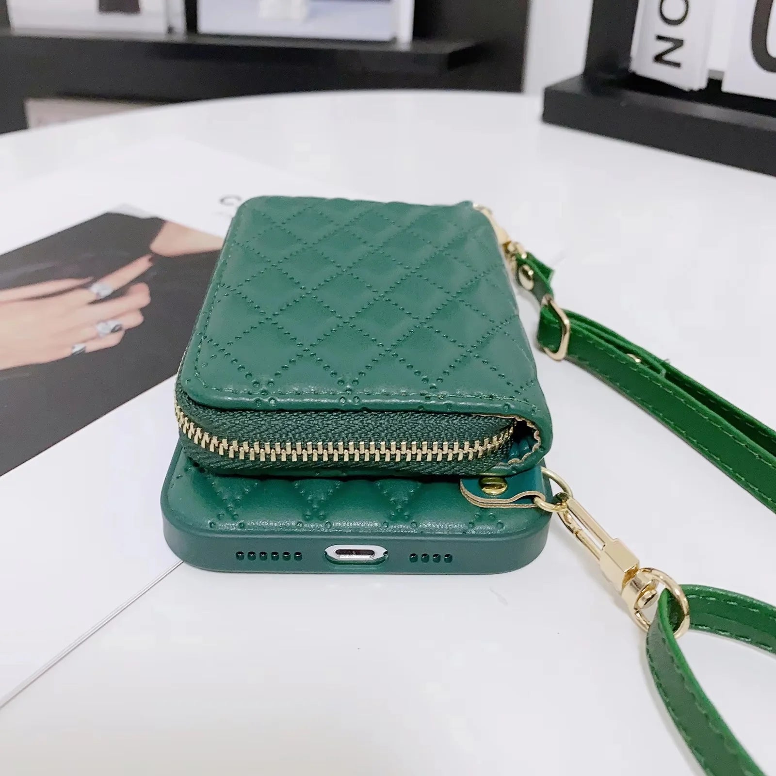 Luxury iPhone Crossbody Wallet Case with Card Slots — PU Leather Cover, Zipper Purse Design, Lanyard Strap, Kickstand Function, Dual Layer Full Protection