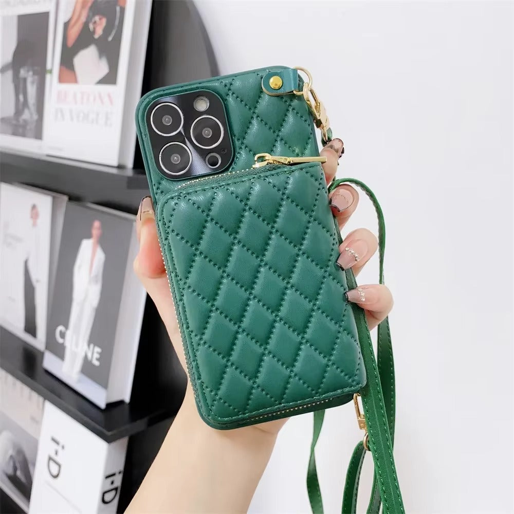 Luxury iPhone Crossbody Wallet Case with Card Slots — PU Leather Cover, Zipper Purse Design, Lanyard Strap, Kickstand Function, Dual Layer Full Protection