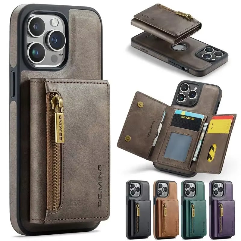 Luxury iPhone DG.Ming Magnetic Flip Leather Wallet Case — Zipper Card Holder Back Cover, Dual Layer Shockproof Design, Wireless Charging Compatible
