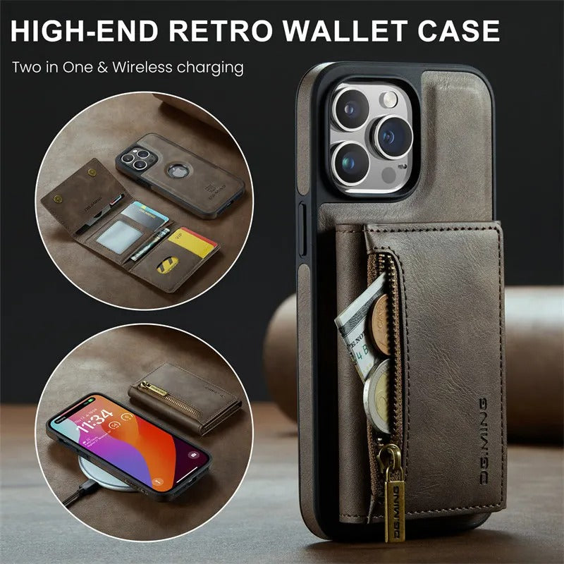 Luxury iPhone DG.Ming Magnetic Flip Leather Wallet Case — Zipper Card Holder Back Cover, Dual Layer Shockproof Design, Wireless Charging Compatible