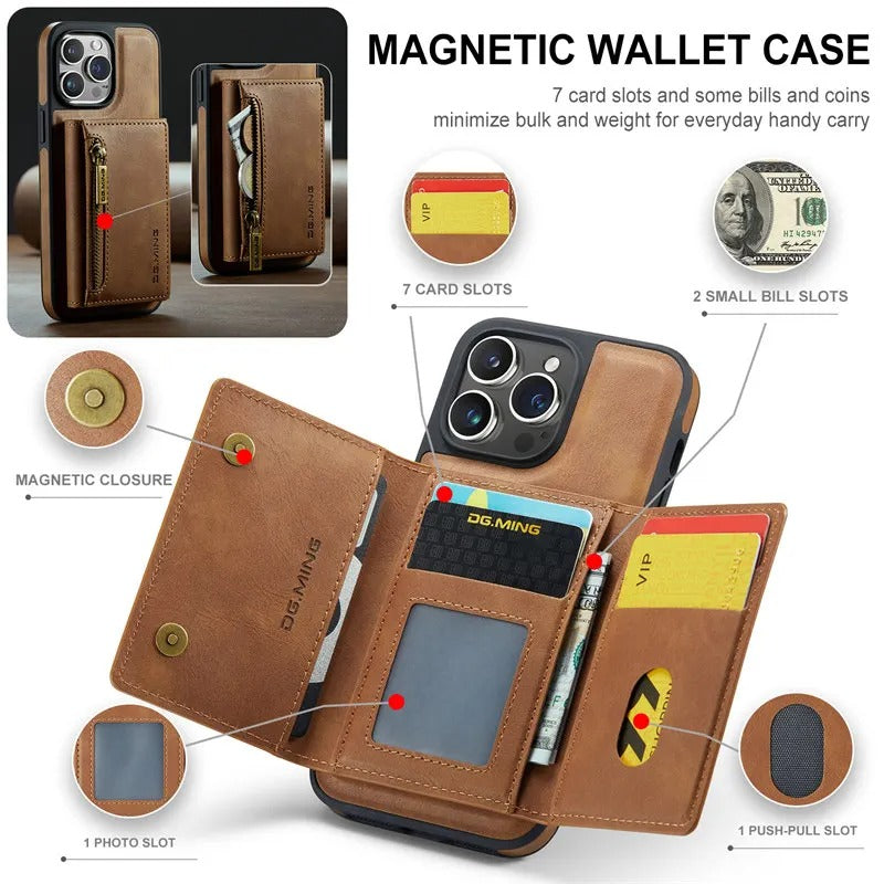 Luxury iPhone DG.Ming Magnetic Flip Leather Wallet Case — Zipper Card Holder Back Cover, Dual Layer Shockproof Design, Wireless Charging Compatible