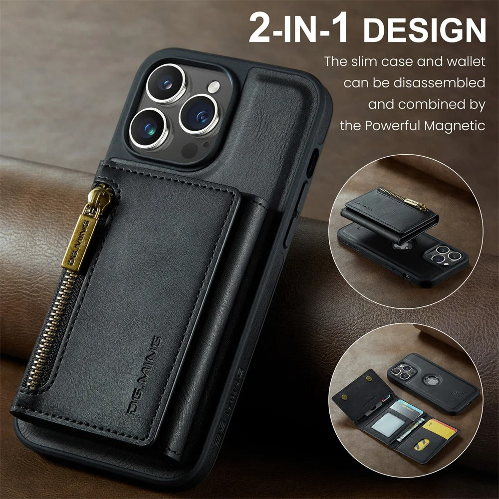 Luxury iPhone DG.Ming Magnetic Flip Leather Wallet Case — Zipper Card Holder Back Cover, Dual Layer Shockproof Design, Wireless Charging Compatible