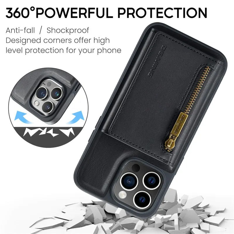 Luxury iPhone DG.Ming Magnetic Flip Leather Wallet Case — Zipper Card Holder Back Cover, Dual Layer Shockproof Design, Wireless Charging Compatible