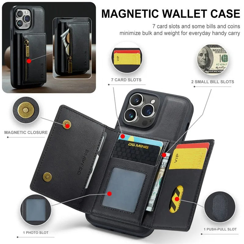 Luxury iPhone DG.Ming Magnetic Flip Leather Wallet Case — Zipper Card Holder Back Cover, Dual Layer Shockproof Design, Wireless Charging Compatible