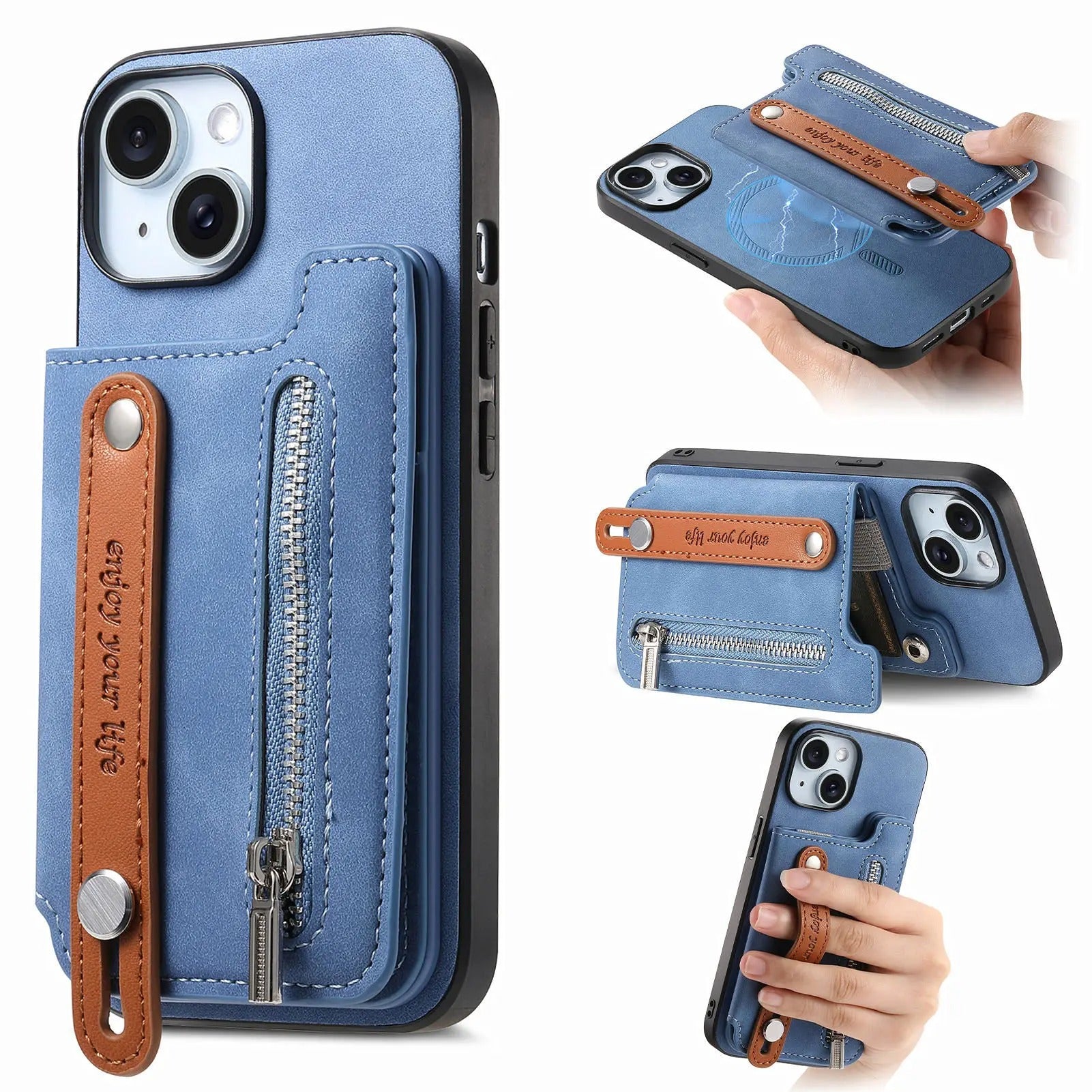 Luxury iPhone Detachable Zipper Wallet Case — Magnetic Flip Leather Cover with Card Slots, Wrist Strap, Kickstand Function, Full Body Shockproof Protection