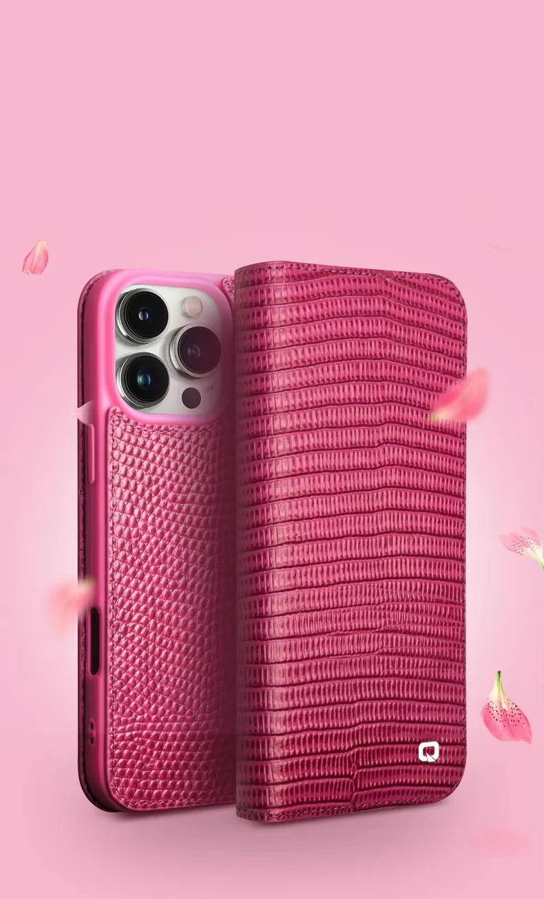 Luxury iPhone Flip Wallet Case Genuine Lizard Leather — Magnetic Closure, Kickstand Holder, Dustproof Non-Slip Design, Premium Full Body Protection