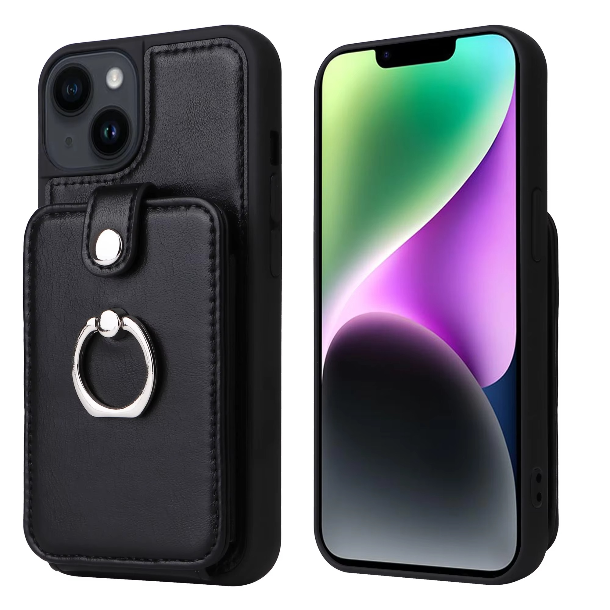 Luxury iPhone Leather Wallet Case with Ring Holder — Card Slot Cover, Shockproof Protective Design, Anti-Fingerprint Scratch-Resistant Non-Slip Finish