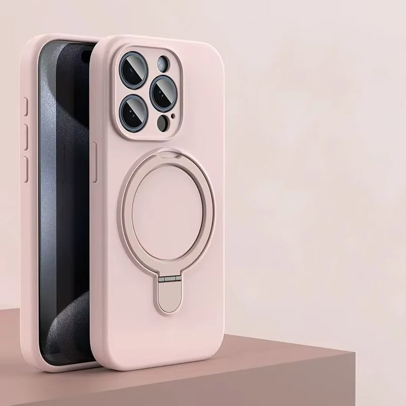 Luxury iPhone Liquid Silicone MagSafe Case — Magnetic Ring Holder Stand Cover, Shockproof Anti-Fingerprint Design, Wireless Charging Compatible Non-Slip Protection