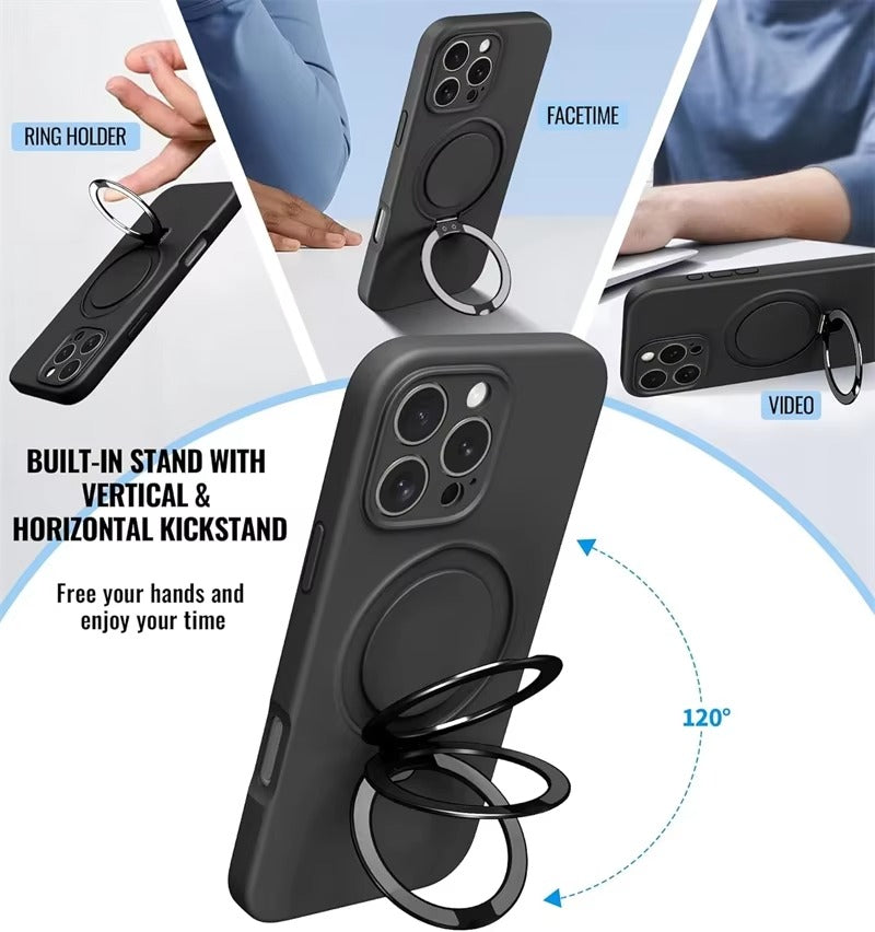 Luxury iPhone Liquid Silicone MagSafe Case — Magnetic Ring Holder Stand Cover, Shockproof Anti-Fingerprint Design, Wireless Charging Compatible Non-Slip Protection