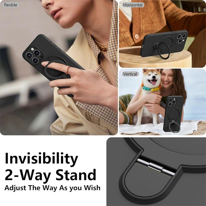 Luxury iPhone Liquid Silicone MagSafe Case — Magnetic Ring Holder Stand Cover, Shockproof Anti-Fingerprint Design, Wireless Charging Compatible Non-Slip Protection