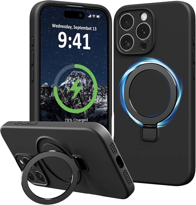 Luxury iPhone Liquid Silicone MagSafe Case — Magnetic Ring Holder Stand Cover, Shockproof Anti-Fingerprint Design, Wireless Charging Compatible Non-Slip Protection