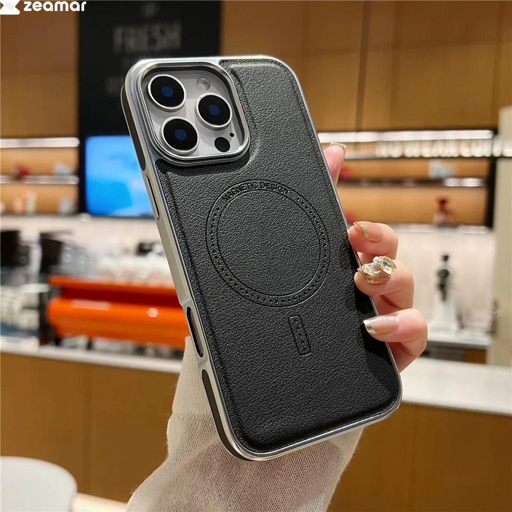 Luxury iPhone MagSafe Case Leather Matte Cover — Plating Frame Magnetic Wireless Charging, Business Style Shockproof Bumper Armor, Anti-Fingerprint Scratch-Resistant Design