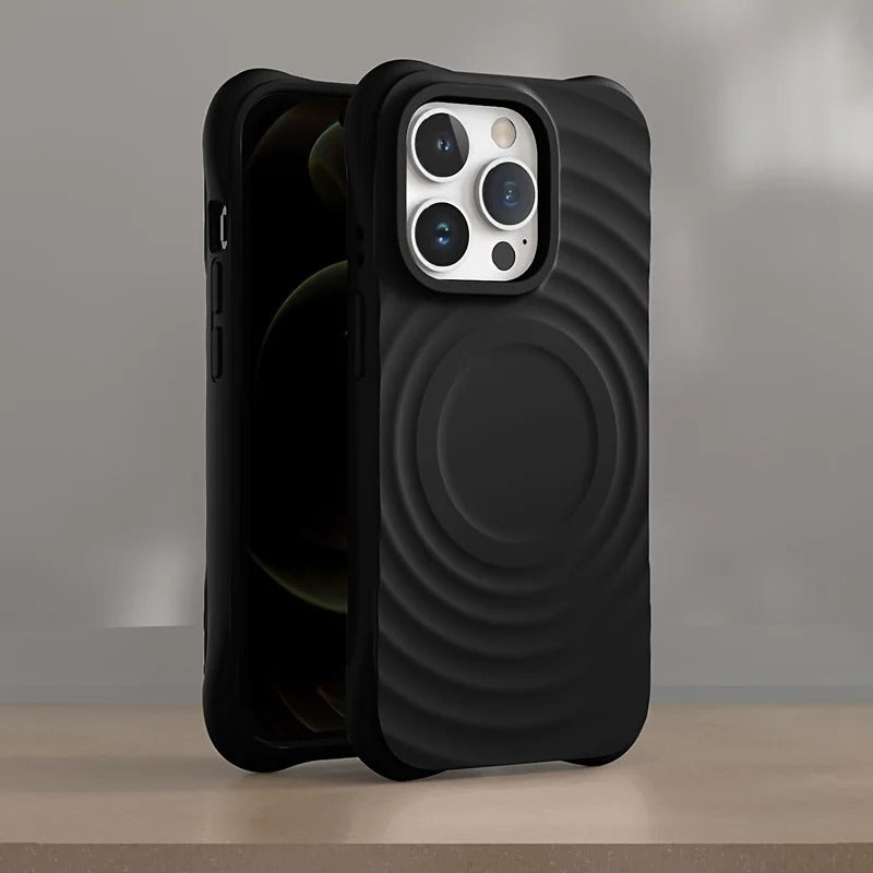 Luxury iPhone MagSafe Case Ripple Silicone Design — Engraved Letter Back Cover, Magnetic Wireless Charging Compatible, Shockproof Soft Non-Slip Protection