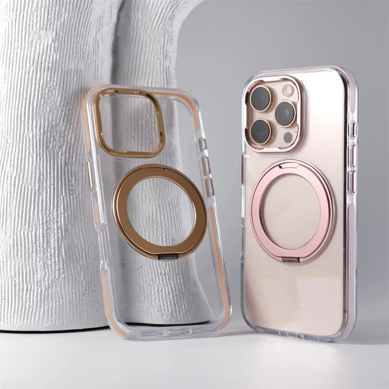 Luxury iPhone Case — MagSafe Transparent Hard PC Cover with 360° Kickstand Holder, Magnetic Wireless Charging and Full-Coverage Shockproof Protection