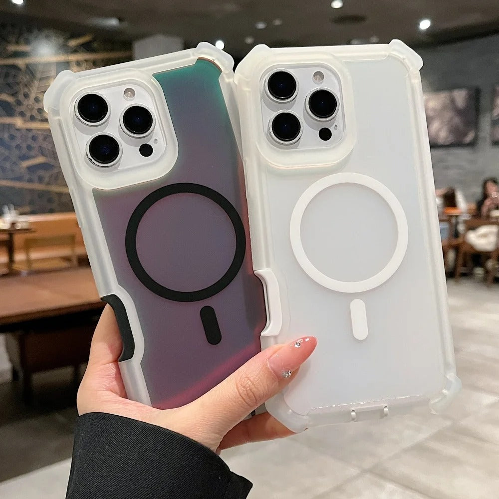 Luxury iPhone MagSafe Laser Armor Case — Color-Changing Dazzling Dual Layer Cover, Wireless Charging Compatible, Military Grade Shockproof Protection