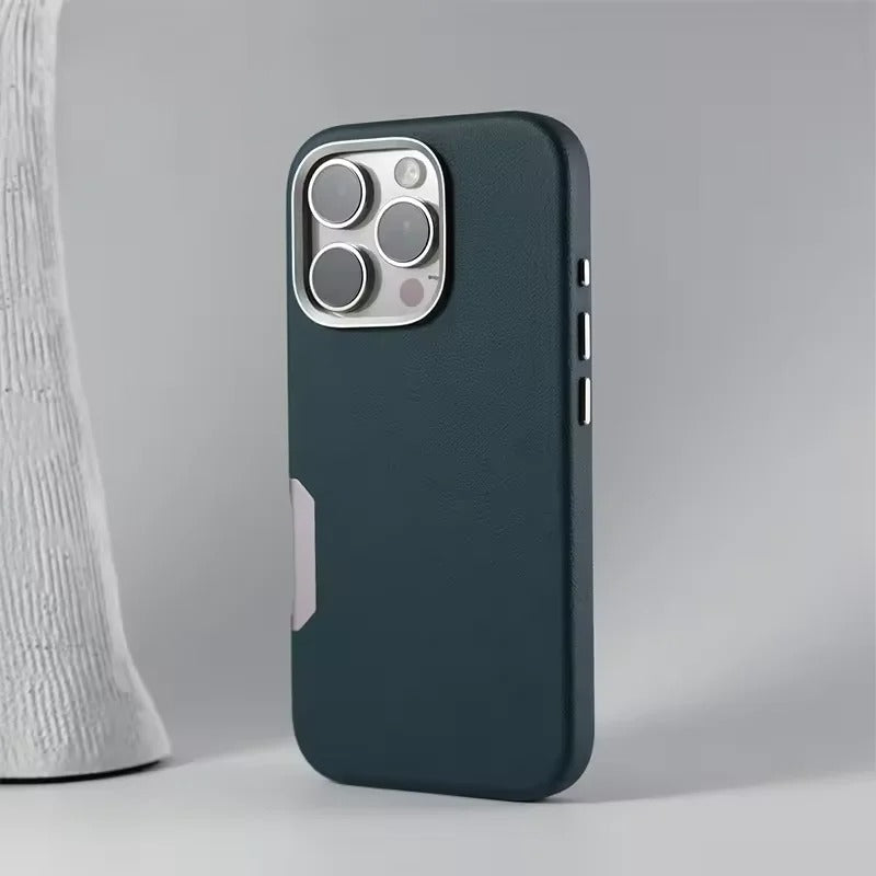 Luxury iPhone MagSafe Leather Case — Simple Solid Color Hard PC Cover, Wireless Charging Compatible, Alloy Lens Protection, Matte Anti-Fingerprint Finish