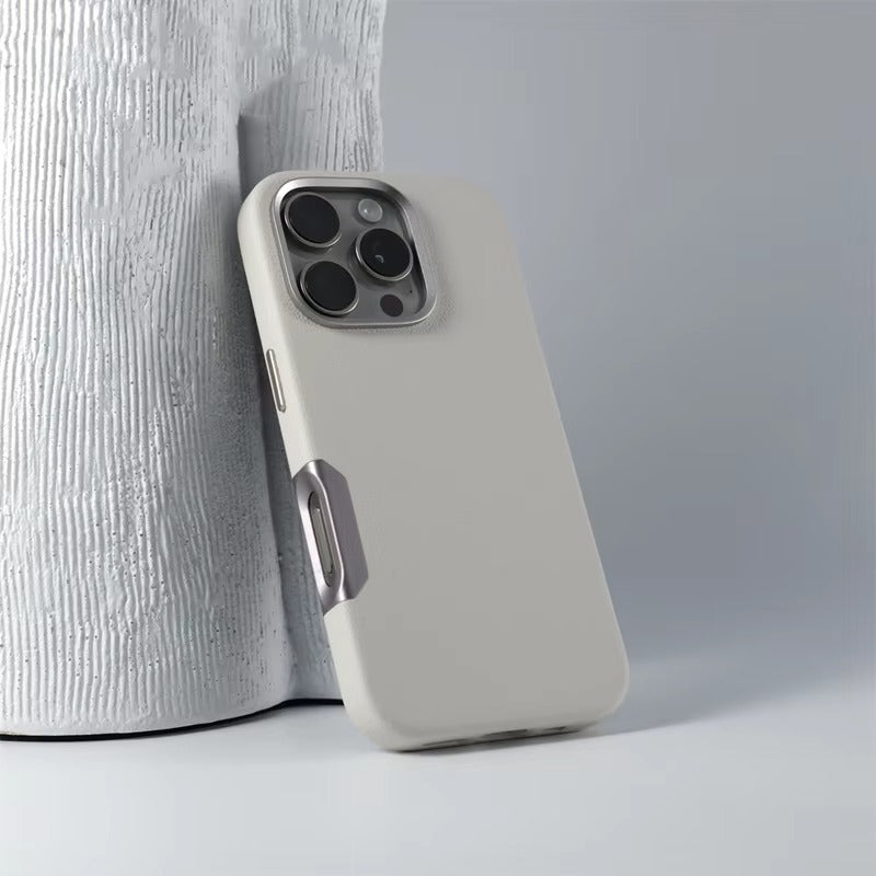 Luxury iPhone MagSafe Leather Case — Simple Solid Color Hard PC Cover, Wireless Charging Compatible, Alloy Lens Protection, Matte Anti-Fingerprint Finish