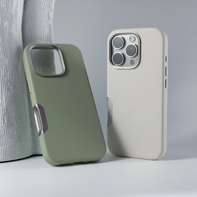 Luxury iPhone MagSafe Leather Case — Simple Solid Color Hard PC Cover, Wireless Charging Compatible, Alloy Lens Protection, Matte Anti-Fingerprint Finish