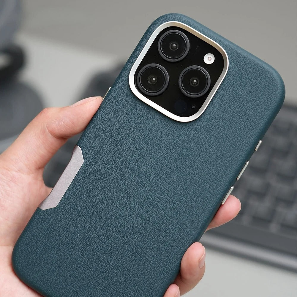 Luxury iPhone MagSafe Leather Case — Simple Solid Color Hard PC Cover, Wireless Charging Compatible, Alloy Lens Protection, Matte Anti-Fingerprint Finish