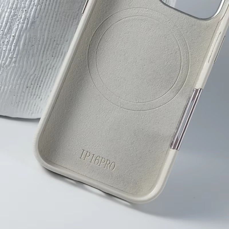 Luxury iPhone MagSafe Leather Case — Simple Solid Color Hard PC Cover, Wireless Charging Compatible, Alloy Lens Protection, Matte Anti-Fingerprint Finish