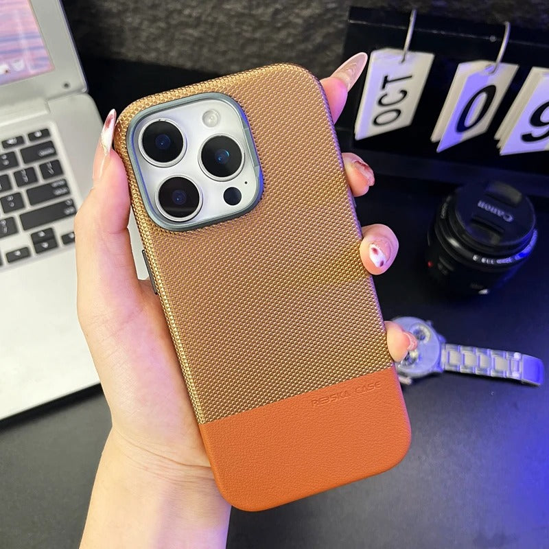 Luxury iPhone MagSafe Leather Case — Trendy Hit Color Relief Design with Alloy Lens Protection, Wireless Charging, Shockproof Anti-Fingerprint Cover