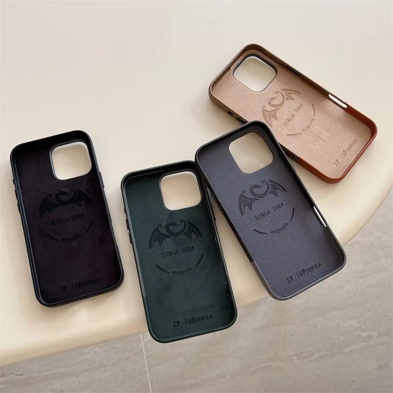 Luxury iPhone MagSafe Leather Case — Trendy Hit Color Relief Design with Alloy Lens Protection, Wireless Charging, Shockproof Anti-Fingerprint Cover