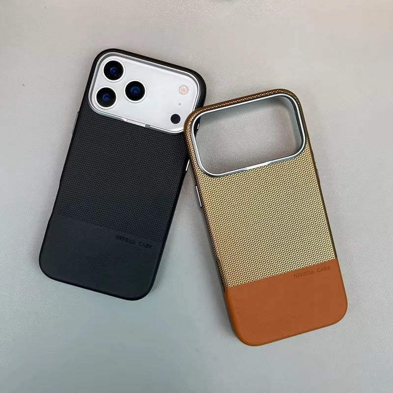 Luxury iPhone MagSafe Leather Case — Trendy Hit Color Relief Design with Alloy Lens Protection, Wireless Charging, Shockproof Anti-Fingerprint Cover