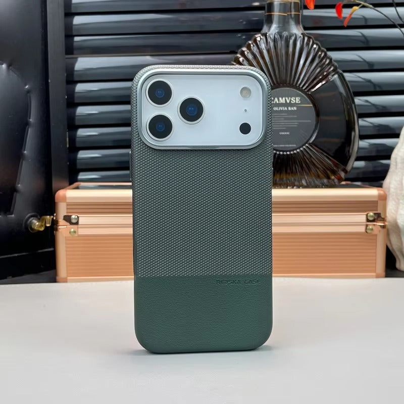 Luxury iPhone MagSafe Leather Case — Trendy Hit Color Relief Design with Alloy Lens Protection, Wireless Charging, Shockproof Anti-Fingerprint Cover