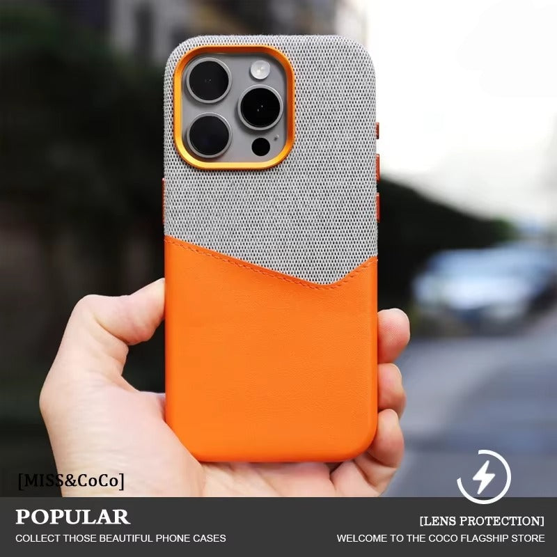 Luxury iPhone MagSafe Leather Case with Card Holder — Hit Color Design, Pocket Wireless Charging Cover, Alloy Lens Protection, Shockproof Anti-Fingerprint Finish