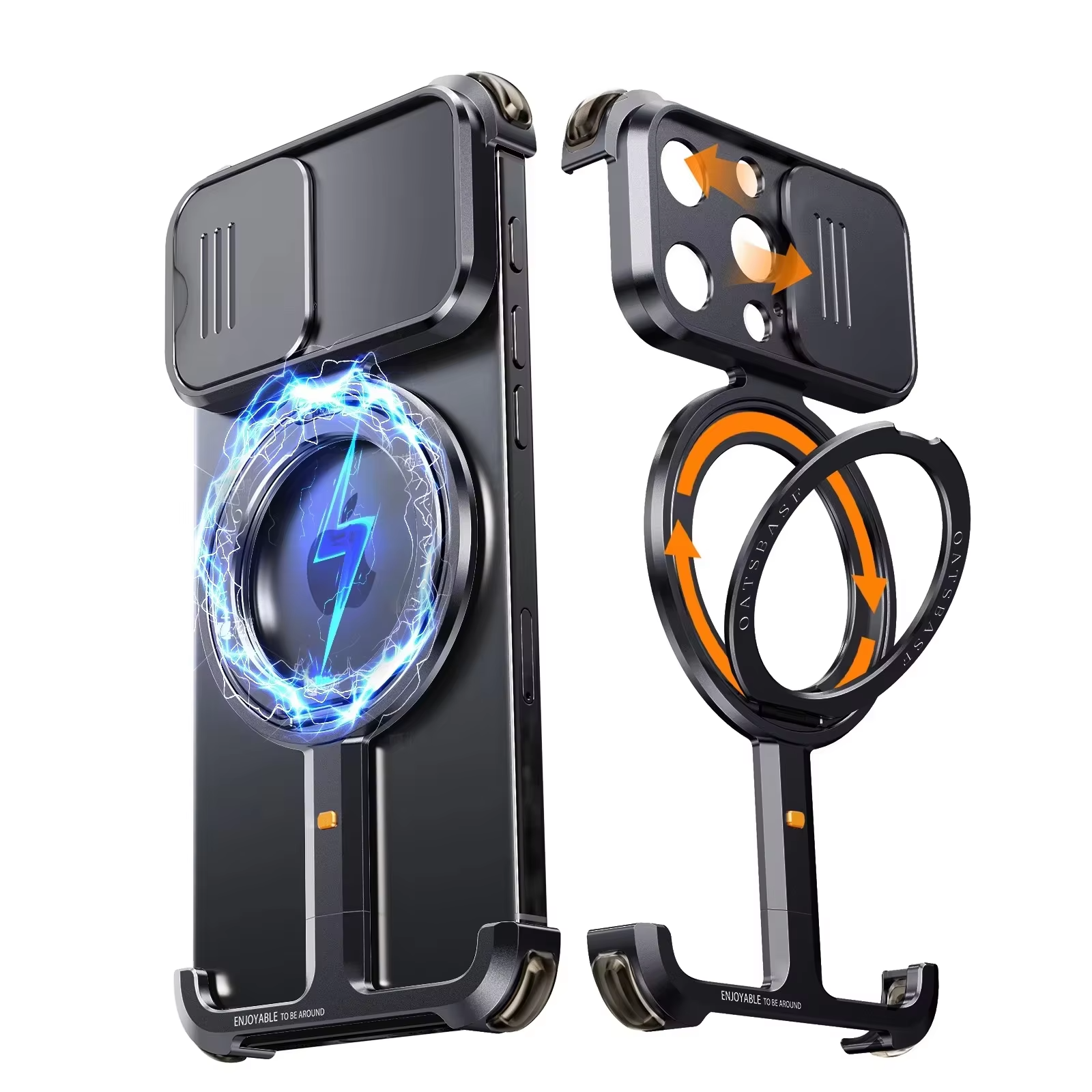 Luxury iPhone Metal Frameless Magnetic Case — Aluminum Alloy Cover with Ring Stand, Shockproof Camera Protection, Heavy Duty Matte Finish