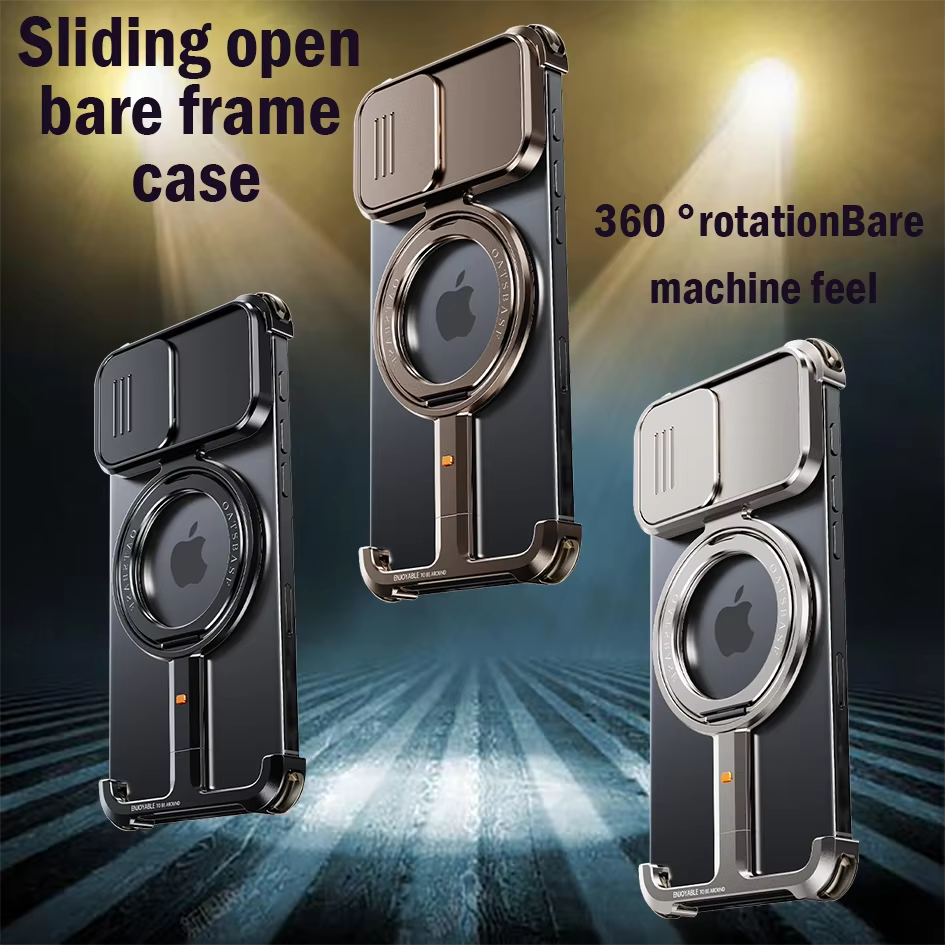 Luxury iPhone Metal Frameless Magnetic Case — Aluminum Alloy Cover with Ring Stand, Shockproof Camera Protection, Heavy Duty Matte Finish