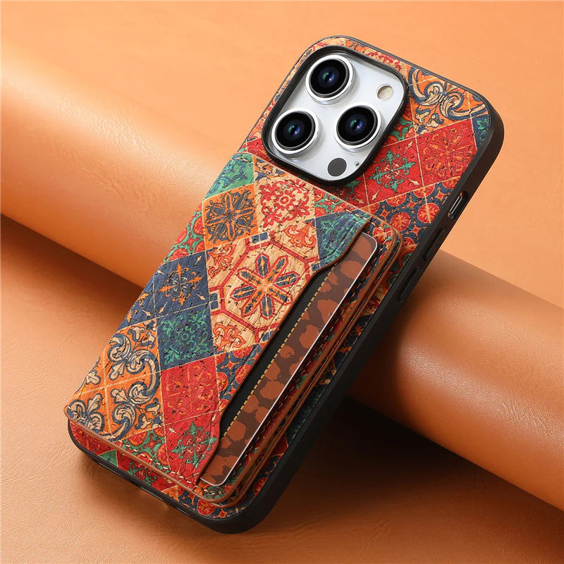 Luxury iPhone Wallet Case with Card Slots — Floral Pattern PU Leather Cover, Kickstand Function, Shockproof Non-Slip Design, Stylish Full Body Protection