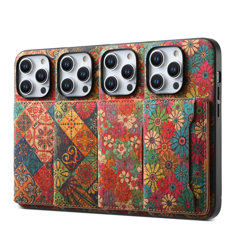 Luxury iPhone Wallet Case with Card Slots — Floral Pattern PU Leather Cover, Kickstand Function, Shockproof Non-Slip Design, Stylish Full Body Protection